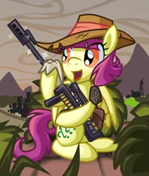 Size: 822x970 | Tagged: safe, artist:cazra, derpibooru import, thrilly filly, pegasus, pony, fallout equestria, tails of equestria, bush, cleaning, female, gun, hat, mountain, rifle, ruins, sniper rifle, solo, wasteland, weapon