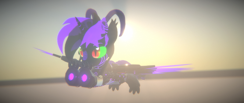 Size: 3840x1620 | Tagged: safe, artist:phoenixtm, derpibooru import, oc, oc:phoenix stardash, cyborg, dracony, dragon, hybrid, pony, 3d, cyborg dracony, dracony alicorn, flying, relaxed, spread wings, unity (game engine), wings