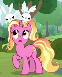 Size: 499x621 | Tagged: safe, derpibooru import, screencap, luster dawn, pony, rabbit, unicorn, the last problem, animal, cropped, ear fluff, female, looking up, mare, raised hoof, trio