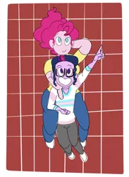 Size: 640x876 | Tagged: safe, artist:ponyretirementhome, derpibooru import, pinkie pie, sci-twi, twilight sparkle, equestria girls, female, glasses, lesbian, looking up, pointing, scitwinkie, shipping, smiling, twinkie