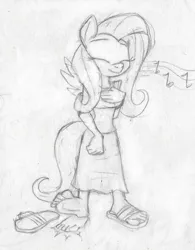 Size: 878x1125 | Tagged: anthro, artist:dertikleen, barefoot, derpibooru import, feet, fetish, fluttershy, foot fetish, foot tapping, humming, monochrome, music notes, one shoe off, safe, sandals, solo, tapping, traditional art