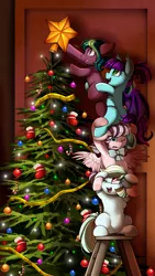 Size: 1736x3083 | Tagged: safe, artist:pridark, derpibooru import, oc, unofficial characters only, bat pony, earth pony, pegasus, pony, bat pony oc, bat wings, christmas, christmas tree, commission, decorating, decoration, female, filly, holiday, ornaments, stars, tree, wings