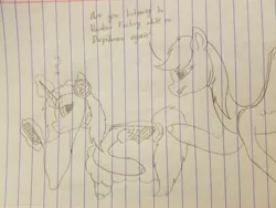 Size: 4032x3024 | Tagged: safe, artist:rainbow dash is best pony, derpibooru import, rainbow dash, oc, oc:rainbowrio, alicorn, pegasus, pony, flying, headphones, implied derpibooru, implied rainbow factory, lined paper, pencil drawing, phone, question mark, spread wings, text, traditional art, wings