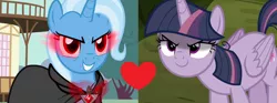 Size: 1340x498 | Tagged: safe, derpibooru import, edit, edited screencap, screencap, mean twilight sparkle, trixie, twilight sparkle, alicorn, pony, unicorn, magic duel, the mean 6, alicorn amulet, cape, clothes, female, heart, lesbian, mare, mean twixie, shipping, shipping domino, twixie