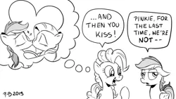 Size: 1200x675 | Tagged: safe, artist:pony-berserker, derpibooru import, fluttershy, pinkie pie, rainbow dash, earth pony, pegasus, pony, black and white, female, flutterdash, grayscale, heart, i can't believe it's not idw, kissing, lesbian, mare, monochrome, now kiss, pony-berserker's twitter sketches, shipper on deck, shipping, signature, simple background, speech bubble, stippling, thought bubble, unamused, white background