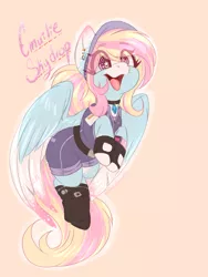Size: 1500x2000 | Tagged: safe, artist:red_moonwolf, derpibooru import, oc, oc:emailie skydrop, pegasus, pony, boots, clothes, collar, female, fishnets, gloves, mailmare, shoes, simple background, smiling, snapback