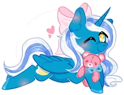 Size: 826x636 | Tagged: safe, artist:rednineuwu, derpibooru import, oc, oc:fleurbelle, alicorn, pony, adorable face, alicorn oc, blushing, bow, bowtie, cute, ear fluff, female, hair bow, heart, horn, mare, one eye closed, smiley face, smiling, smiling at you, sweet, teddy bear, wings, wink, yellow eyes