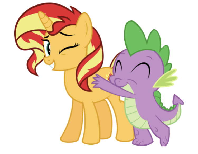 Size: 750x583 | Tagged: artist needed, safe, derpibooru import, edit, editor:undeadponysoldier, spike, sunset shimmer, ponified, dragon, pony, unicorn, female, hug, hug from behind, male, mare, one eye closed, shipping, simple background, straight, sunsetspike, white background, wink