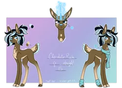 Size: 1652x1199 | Tagged: safe, artist:moonwolf96, derpibooru import, oc, oc:chocolate rain, deer, deer pony, original species, clothes, deer magic, female, magic, reference sheet, scarf, solo, tongue out