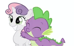 Size: 750x475 | Tagged: artist needed, safe, derpibooru import, edit, editor:undeadponysoldier, spike, sweetie belle, dragon, pony, unicorn, cute, diasweetes, female, filly, happy, hug, hug from behind, male, shipping, simple background, spikebelle, straight, white background