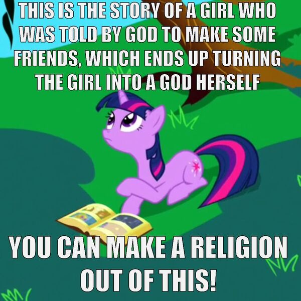 Size: 1080x1080 | Tagged: safe, derpibooru import, edit, edited screencap, screencap, twilight sparkle, pony, unicorn, friendship is magic, bill wurtz, caption, cropped, grass, image macro, religion, text, transcript in description