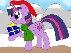 Size: 1024x768 | Tagged: artist needed, source needed, safe, artist:wolfspiritclan, derpibooru import, twilight sparkle, twilight sparkle (alicorn), alicorn, pony, christmas, hat, hearts warming day, holiday, mountain, present, santa hat, snow, solo