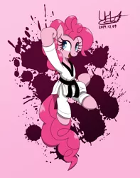 Size: 1600x2027 | Tagged: safe, artist:livehotsun, derpibooru import, pinkie pie, earth pony, pony, action pose, black belt, clothes, female, gi, jumping, mare, martial arts, robe, signature, solo, taekwondo, trousers