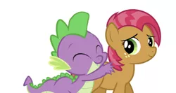 Size: 750x398 | Tagged: safe, artist:reginault, derpibooru import, edit, editor:undeadponysoldier, babs seed, spike, dragon, earth pony, pony, babspike, crack shipping, cute, female, filly, freckles, hug, hug from behind, male, shipping, straight