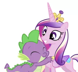 Size: 630x587 | Tagged: safe, artist:andreamelody, derpibooru import, edit, editor:undeadponysoldier, princess cadance, spike, alicorn, dragon, pony, crown, female, hug, image, infidelity, jewelry, jpeg, male, mare, regalia, shipping, spikedance, straight