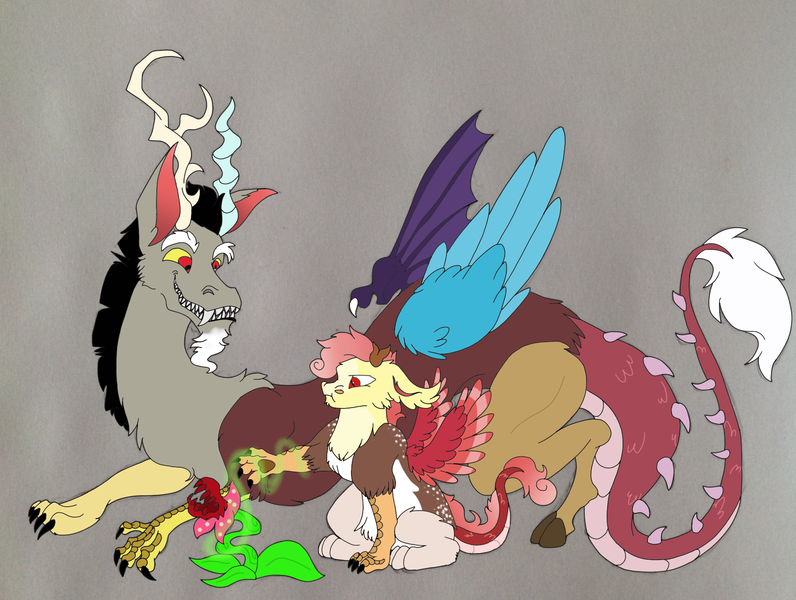 Size: 1817x1369 | Tagged: artist:nightshade2004, carnivorous plant, derpibooru import, discord, father and child, father and son, hybrid, interspecies offspring, magic, male, oc, oc:lisianthus, offspring, parent:discord, parent:fluttershy, parents:discoshy, safe