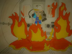 Size: 5151x3863 | Tagged: safe, derpibooru import, applejack, earth pony, pony, bipedal, clothes, driver, female, fire, food, gloves, hard hat, hopeless, lava, male, mare, overalls, rescue, scared, subway, traditional art, train, tunnel, volcano 1997