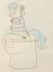 Size: 772x1034 | Tagged: safe, artist:snipiper, derpibooru import, coco pommel, earth pony, pony, blushing, but why, female, implied diarrhea, implied farting, implied pooping, toilet, traditional art