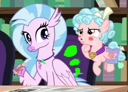 Size: 746x536 | Tagged: suggestive, artist:gooeybird, derpibooru import, edit, edited screencap, screencap, cozy glow, silverstream, hippogriff, pegasus, pony, what lies beneath, 1000 hours in ms paint, blushing, bookshelf, cropped, duo, duo female, fart, fart cloud, fart edit, farting contest, female, females only, filly, smell, smelling, smelly, story included