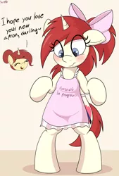 Size: 2312x3420 | Tagged: safe, artist:an-tonio, derpibooru import, oc, oc:golden brooch, oc:silver draw, unofficial characters only, pony, semi-anthro, unicorn, apron, bipedal, blushing, bow, clothes, duo, eye clipping through hair, female, hair bow, housewife, looking down, mother and child, mother and daughter