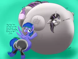 Size: 4032x3024 | Tagged: suggestive, artist:lukewarmluke, derpibooru import, oc, oc:felicity stars, oc:magna-save, unofficial characters only, pony, unicorn, ass, belly, big belly, butt, clothes, dialogue, duo, duo female, fat, female, inflation, large butt, magslicity, onomatopoeia, panties, pants, plot, rolling, round, simple background, sound effects, underwear, yoga pants