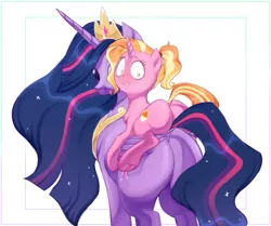 Size: 1593x1331 | Tagged: suggestive, artist:toroitimu, derpibooru import, luster dawn, princess twilight 2.0, twilight sparkle, twilight sparkle (alicorn), alicorn, pony, unicorn, the last problem, blushing, butt, crown, digital art, duo, duo female, female, jewelry, mare, plot, regalia, sweat, twibutt