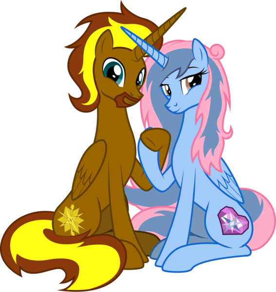 Size: 2640x2793 | Tagged: safe, artist:lightning stripe, derpibooru import, oc, oc:prince cosmic light, oc:princess sorraia, unofficial characters only, alicorn, pony, 2020 community collab, derpibooru community collaboration, alicorn oc, beard, commission, couple, facial hair, female, holding hooves, horn, male, mare, show accurate, simple background, sitting, smiling, sorright, stallion, transparent background, wings