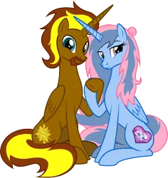Size: 2640x2793 | Tagged: safe, artist:lightning stripe, derpibooru import, oc, oc:prince cosmic light, oc:princess sorraia, unofficial characters only, alicorn, pony, 2020 community collab, derpibooru community collaboration, alicorn oc, beard, commission, couple, facial hair, female, holding hooves, horn, male, mare, show accurate, simple background, sitting, smiling, sorright, stallion, transparent background, wings