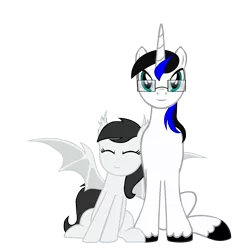 Size: 4176x4491 | Tagged: safe, artist:jackiejak, derpibooru import, oc, oc:jackie trades, oc:moonlight sonata, unofficial characters only, bat pony, pony, unicorn, 2020 community collab, derpibooru community collaboration, glasses, horn, simple background, transparent background, unicorn oc, unshorn fetlocks, vector