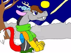 Size: 400x300 | Tagged: alternate universe, artist:wolfspiritclan, chaosverse, clothes, derpibooru import, discord, draconequus, moon, mountain, safe, scarf, snow, tree