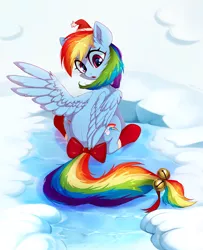 Size: 3320x4080 | Tagged: safe, artist:taneysha, derpibooru import, rainbow dash, pegasus, pony, bells, both cutie marks, bow, cheek fluff, christmas, clothes, cute, dashabetes, ear fluff, female, hat, holiday, ice, looking back, mare, open mouth, rainbow dash always dresses in style, ribbon, santa hat, sitting, sleigh bells, snow, socks, solo, spread wings, wings