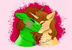 Size: 1067x749 | Tagged: safe, artist:bellbell123, derpibooru import, oc, oc:aspen, oc:ryan, alicorn, pony, alicorn oc, anniversary, couple, female, hippie, horn, jewelry, male, necklace, peace symbol, romantic, ryspen, straight, wings