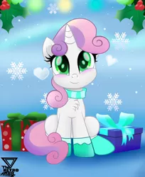 Size: 2400x2945 | Tagged: safe, artist:theretroart88, derpibooru import, sweetie belle, pony, unicorn, abstract background, blushing, chest fluff, christmas, clothes, cute, daaaaaaaaaaaw, diasweetes, female, filly, gloves, head tilt, heart, holiday, holly, looking at you, present, scarf, sitting, smiling, snow, snowflake, socks, solo, theretroart88 is trying to murder us, weapons-grade cute