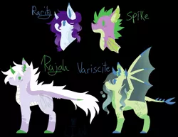 Size: 1017x786 | Tagged: safe, artist:lepiswerid, derpibooru import, rarity, spike, oc, oc:rajah, oc:variscite, dracony, dragon, hybrid, pony, black background, female, interspecies offspring, male, marsverse, offspring, parent:rarity, parent:spike, parents:sparity, shipping, simple background, sparity, straight