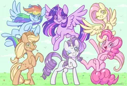 Size: 1024x692 | Tagged: safe, artist:cutieanimals, derpibooru import, applejack, fluttershy, pinkie pie, rainbow dash, rarity, twilight sparkle, twilight sparkle (alicorn), alicorn, earth pony, pegasus, pony, unicorn, cowboy hat, cute, female, flying, hat, looking at you, mane six, mare, one eye closed, open mouth, raised hoof, rearing, smiling, straw in mouth, underhoof, wink