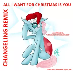 Size: 572x558 | Tagged: album, album cover, all i want for christmas is you, anatomically incorrect, artist:cynfularts, artist:gooeybird, changedling, changeling, changeling remix, christmas, christmas changeling, cute, derpibooru import, diaocelles, edit, female, hat, hearth's warming, holiday, incorrect leg anatomy, mariah carey, ocellus, one eye closed, remix, safe, santa hat, sitting, solo, text edit, wink