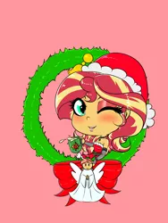 Size: 1500x2000 | Tagged: safe, artist:albertbm, derpibooru import, sunset shimmer, equestria girls, angel, blushing, chibi, christmas, cute, eggnog, eyeshadow, female, holiday, makeup, one eye closed, shimmerbetes, solo, wink