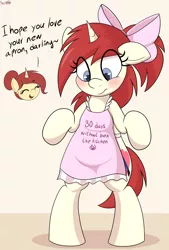 Size: 2312x3420 | Tagged: safe, alternate version, artist:an-tonio, derpibooru import, oc, oc:golden brooch, oc:silver draw, unofficial characters only, pony, semi-anthro, unicorn, apron, bipedal, blushing, bow, clothes, duo, eye clipping through hair, female, hair bow, housewife, looking down, mother and child, mother and daughter