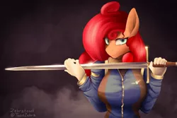 Size: 2048x1364 | Tagged: safe, artist:toastzebra, derpibooru import, oc, oc:cinnarose, unofficial characters only, anthro, pegasus, clothes, female, image, jpeg, longsword, solo, sword, uniform, weapon