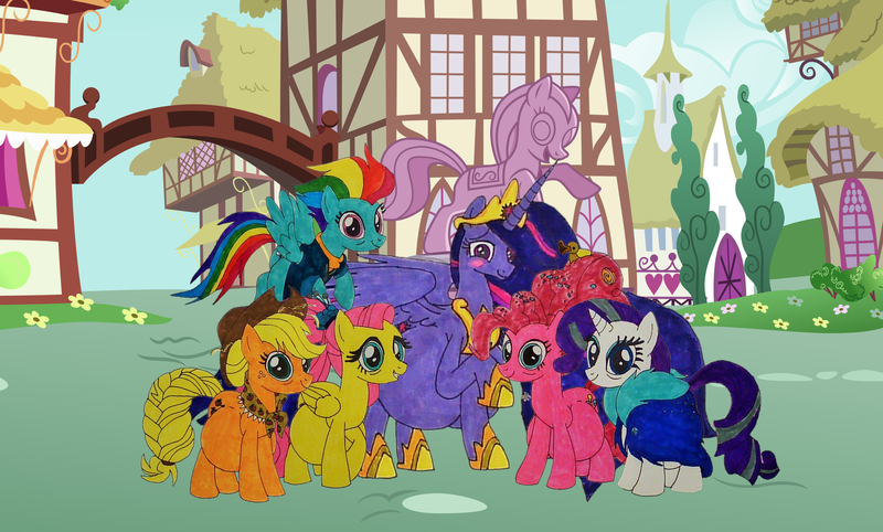 Size: 7872x4744 | Tagged: safe, artist:mj455, derpibooru import, applejack, fluttershy, pinkie pie, princess twilight 2.0, rainbow dash, rarity, twilight sparkle, twilight sparkle (alicorn), alicorn, pony, the last problem, absurd resolution, belly, blushing, clothes, crown, end of ponies, female, jewelry, looking at you, mane six, mare, older, older applejack, older fluttershy, older mane six, older pinkie pie, older rainbow dash, older rarity, older twilight, one hoof raised, preggity, preggo dash, preggo jack, preggoshy, preggy pie, preglight sparkle, pregnant, raised hoof, regalia, smiling, solo, statue, traditional art