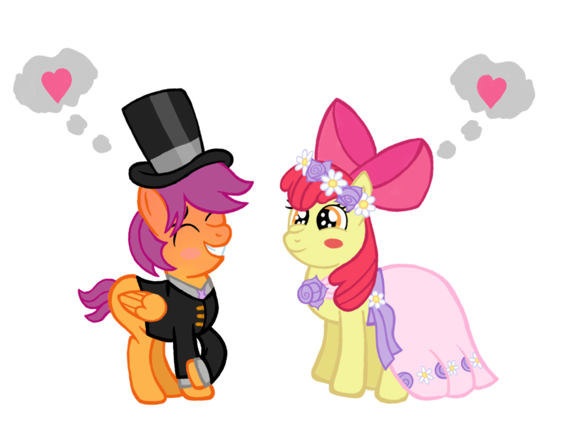 Size: 2732x2048 | Tagged: safe, artist:turnaboutart, derpibooru import, apple bloom, scootaloo, earth pony, pegasus, pony, fanfic:twilight and skaterloo: mother and son, a canterlot wedding, blushing, blushing profusely, bow, clothes, colt, dress, female, filly, flower, flower filly, flower girl, flower girl dress, flower in hair, hair bow, half r63 shipping, hat, heart, lesbian, male, requested art, rule 63, scootabloom, scooterbloom, scooteroll, shipping, simple background, straight, suit, thought bubble, top hat, transparent background