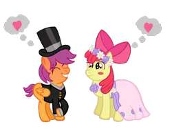 Size: 2732x2048 | Tagged: safe, artist:turnaboutart, derpibooru import, apple bloom, scootaloo, earth pony, pegasus, pony, fanfic:twilight and skaterloo: mother and son, a canterlot wedding, blushing, blushing profusely, bow, clothes, colt, dress, female, filly, flower, flower filly, flower girl, flower girl dress, flower in hair, hair bow, half r63 shipping, hat, heart, lesbian, male, requested art, rule 63, scootabloom, scooterbloom, scooteroll, shipping, simple background, straight, suit, thought bubble, top hat, transparent background