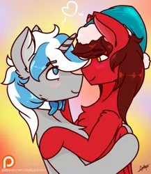 Size: 1024x1180 | Tagged: safe, artist:chebypattern, derpibooru import, oc, oc:cinnamon pop, oc:sekr gray, unofficial characters only, pegasus, pony, unicorn, abstract background, blushing, bowtie, christmas, female, hat, heart, holiday, hug, looking at each other, love, male, oc x oc, patreon, patreon logo, patreon reward, santa hat, sekramon, shipping, signature, simple background, smiling, straight