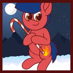 Size: 1200x1200 | Tagged: artist:thebadbadger, candy, candy cane, christmas, derpibooru import, food, holiday, moon, mountain, oc, oc:phire demon, safe, snow, stars