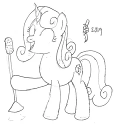 Size: 720x776 | Tagged: safe, artist:parclytaxel, derpibooru import, sweetie belle, pony, unicorn, series:nightliner, cutie mark, eyes closed, female, hoof hold, lineart, mare, microphone, monochrome, older, older sweetie belle, pencil drawing, singing, sketch, smiling, solo, the cmc's cutie marks, traditional art