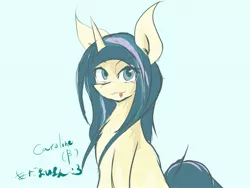 Size: 1600x1200 | Tagged: safe, artist:k_clematis, derpibooru import, oc, oc:caroline, unofficial characters only, pony, unicorn, bust, chest fluff, female, horn, mare, simple background, smiling, solo, tongue out, unicorn oc