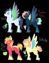 Size: 1100x1400 | Tagged: safe, artist:lepiswerid, derpibooru import, big macintosh, fluttershy, rainbow dash, soarin', earth pony, pegasus, alternate cutie mark, alternate design, black background, coat markings, colored hooves, colored wings, colored wingtips, cutie mark, feathered fetlocks, female, fluttermac, male, mare, marsverse, multicolored wings, redesign, shipping, simple background, soarindash, stallion, straight, tail feathers, unshorn fetlocks, wings