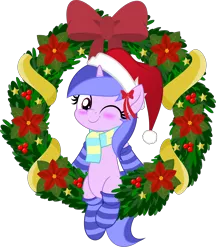 Size: 5000x5786 | Tagged: safe, artist:jhayarr23, derpibooru import, sea swirl, seafoam, pony, unicorn, background pony, blushing, bow, christmas, clothes, commission, cute, female, hat, hearth's warming, holiday, jhayarr23's holiday ych, mare, movie accurate, one eye closed, santa hat, scarf, simple background, socks, solo, striped socks, transparent background, wink, wreath, ych result