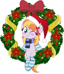 Size: 5000x5786 | Tagged: safe, artist:jhayarr23, derpibooru import, copper top, earth pony, pony, blushing, bow, christmas, clothes, commission, cute, female, hat, holiday, jhayarr23's holiday ych, mare, movie accurate, one eye closed, santa hat, scarf, simple background, socks, solo, striped socks, transparent background, wink, wreath, ych result