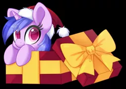 Size: 2894x2049 | Tagged: safe, artist:scarlet-spectrum, derpibooru import, part of a set, sea swirl, seafoam, pony, unicorn, background pony, box, christmas, commission, cute, daaaaaaaaaaaw, female, hat, hearth's warming, high res, holiday, mare, pony in a box, present, santa hat, seadorable, simple background, solo, transparent background, ych result